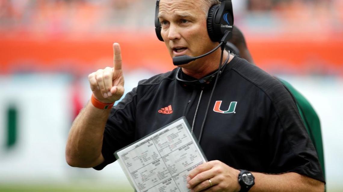 Miami head coach Mark Richt gestures during the first half of an NCAA college football game against North Carolina in Miami Gardens.