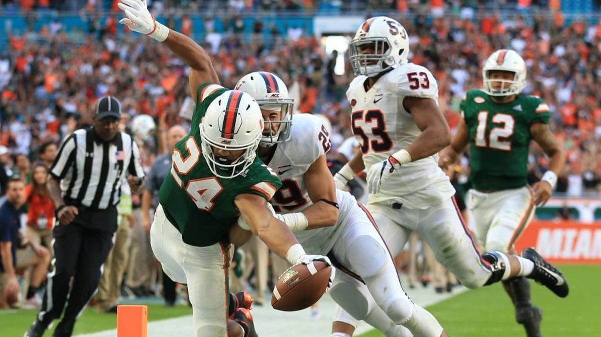 Hurricanes running back Travis Homer is called out inside the 5 yard line against Virginia at Hard Rock Stadium on Nov. 18.