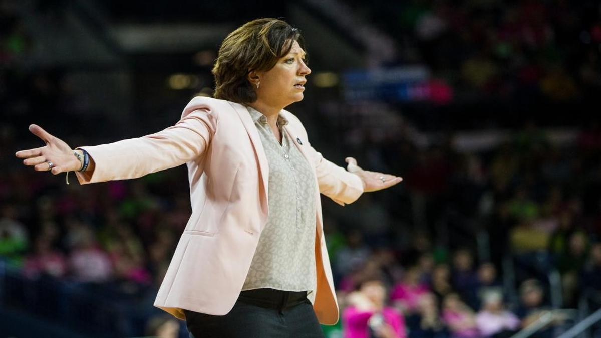 Miami head coach Katie Meier questions a call during the first half of an NCAA college basketball game Sunday, Feb. 14, 2016, in South Bend, Ind.