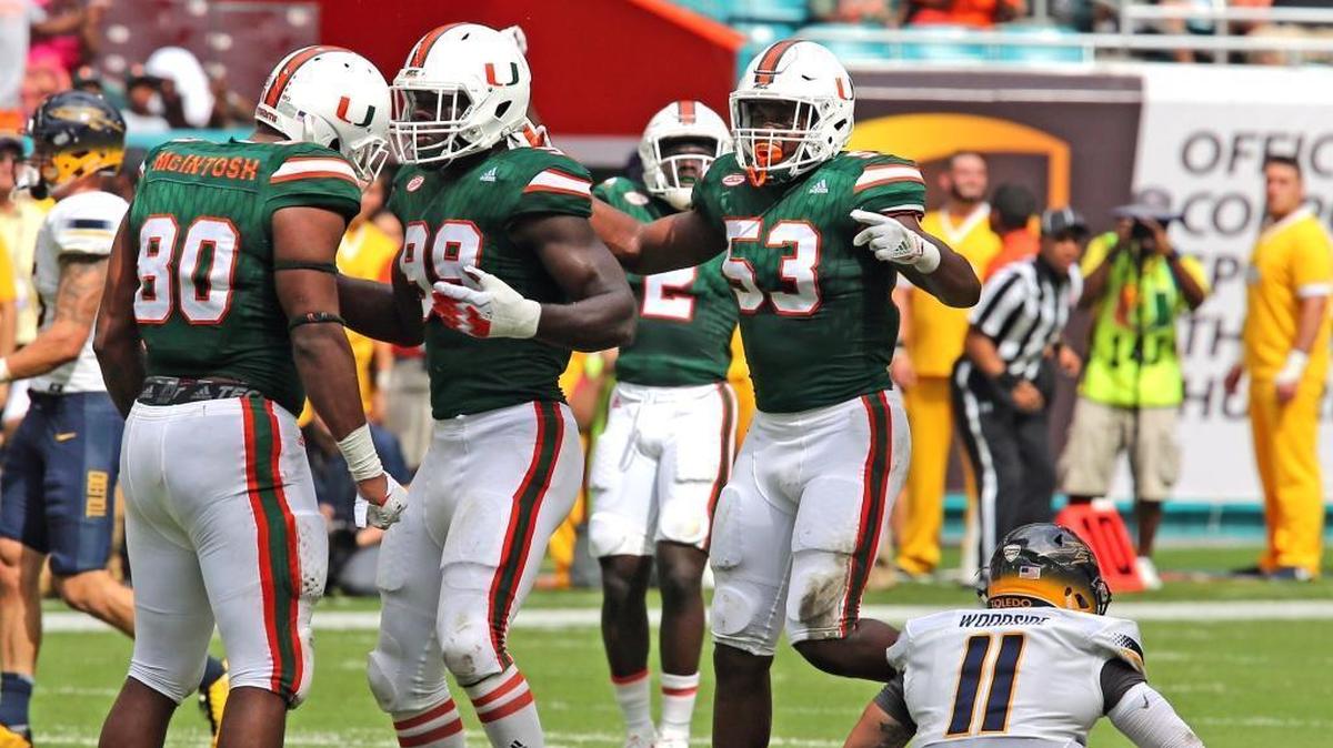 Miami Hurricanes RJ Mcintosh (80) and Joe Jackson (99) celebrate after sacking Toledo Rockets quarterback Logan Woodside (11) in the first quarter Saturday, Sept. 23, 2017, at Hard Rock Stadium in Miami Gardens, Fla.