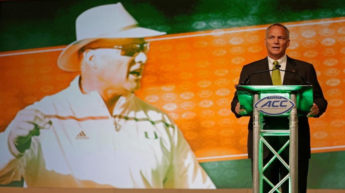 Miami head coach Mark Richt speaks during a news conference at the Atlantic Coast Conference Football Kickoff in Charlotte, N.C., Thurs., July 21, 2016.