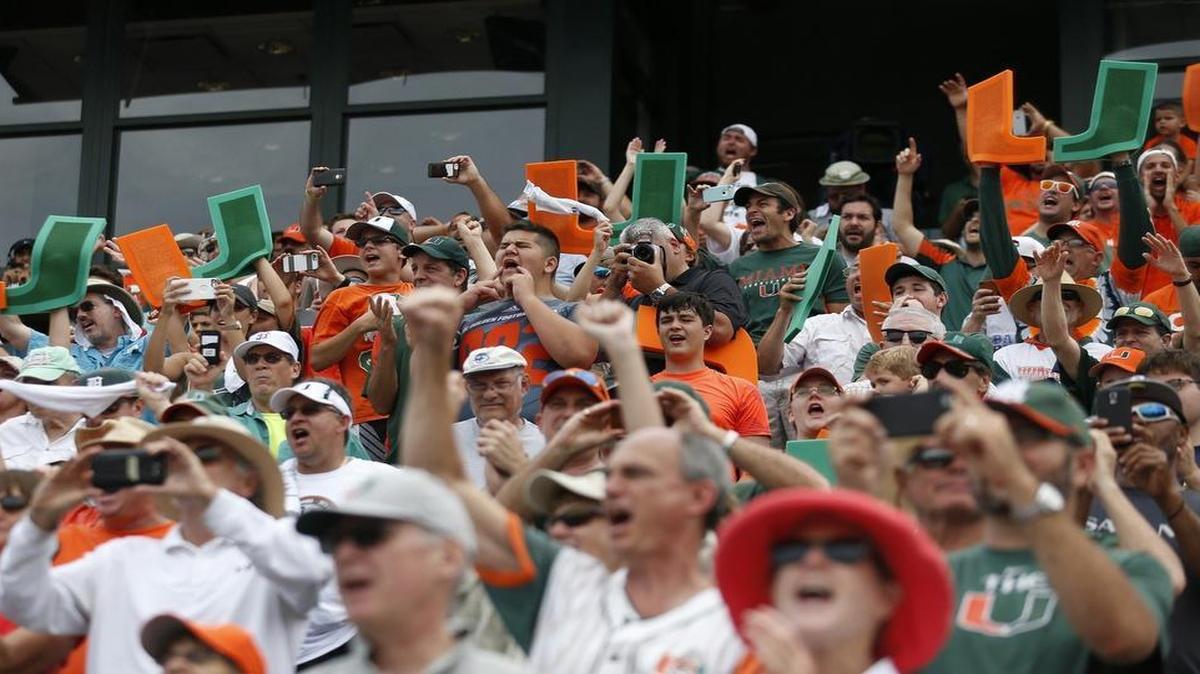 
Miami fans show their support as the University of Miami hosts VCU at Mark Light Field during the NCAA Super Regional in Coral Gables on Saturday, June 6, 2015.

