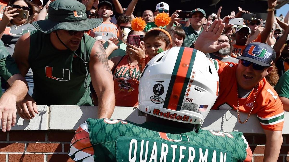 Miami linebacker Shaquille Quarterman (55) speaks with fans after an NCAA college football game against Georgia Tech, Saturday, Oct. 1, 2016, in Atlanta. Quarterman recovered a fumble and scored a touchdown in the game. Miami won 35-21