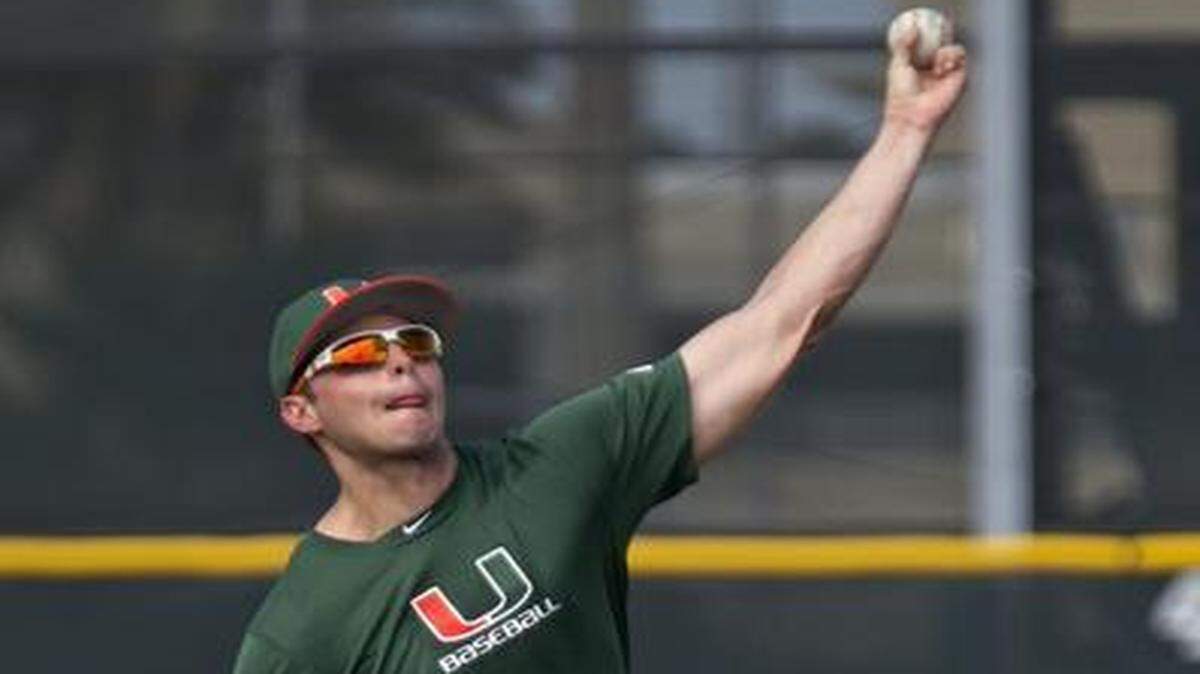 
UM ace Andy Suarez, shown at practice Monday, Feb. 9, 2015, was scratched from his scheduled start against Florida on Friday, Feb. 20 2015 after straining his oblique in pregame warmups. 
