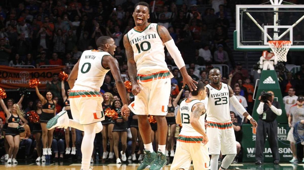 Ja'Quan Newton and Sheldon McClellan celebrate in the second half of the Miami Hurricanes' game against the Duke Blue Devils at BankUnited Center in Coral Gables on Monday, Jan. 25, 2016.