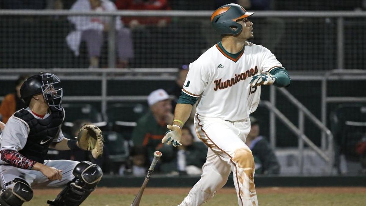 UM outfielder Willie Abreu, shown in an earlier game, hit a three-run home run and a walk-off grand slam to help the Hurricanes defeat Louisville 8-4 on Friday, March 18, 2016 at Mark Light Field in Coral Gables.