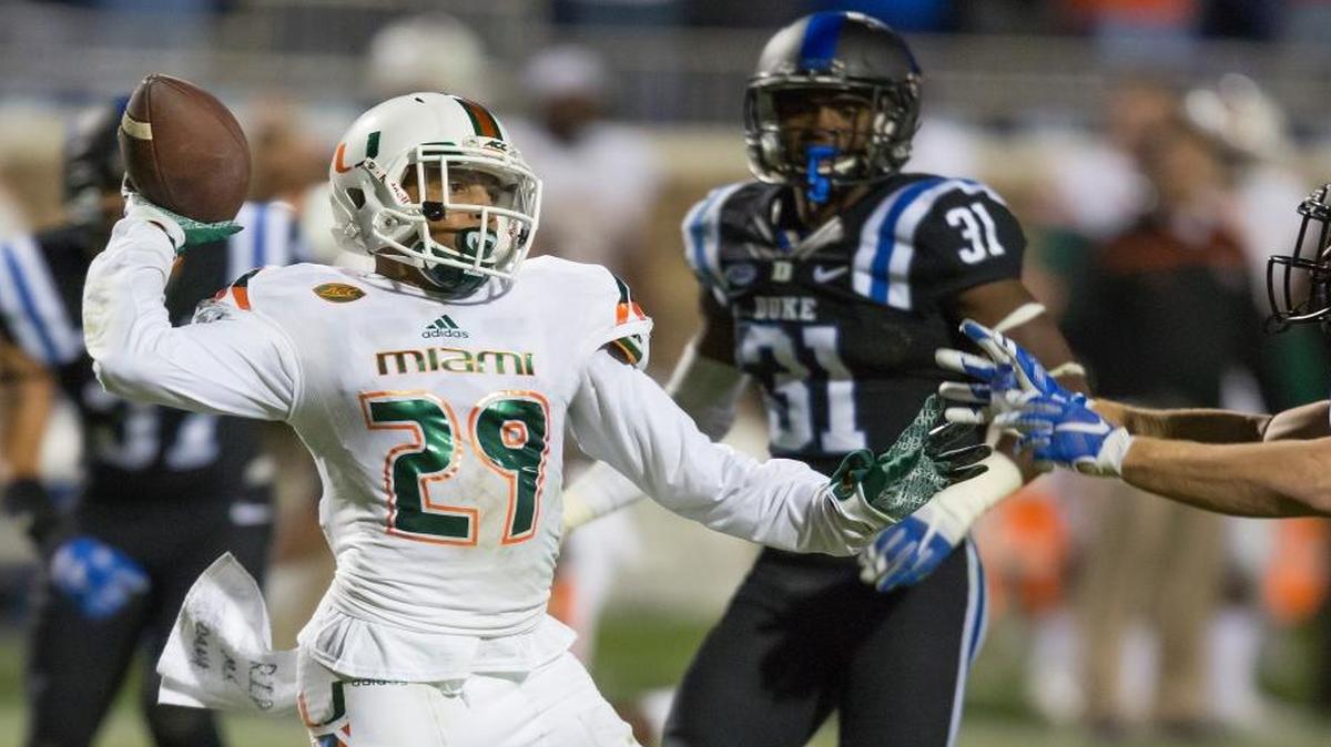 Last time Miami played at Duke, Dallas Crawford (25) returns a kickoff, which featured multiple laterals before Corn Elder subsequently received the final lateral, and scored to beat Duke 30-27.