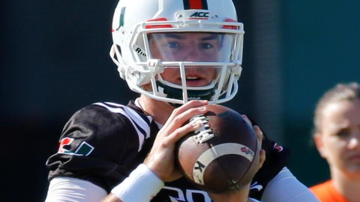 Miami quarterback Jack Allison sets up to pass during University of Miami spring training practice on Tuesday, March 21, 2017.