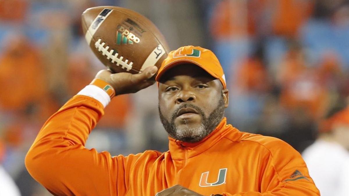 Ron Dugans, the University of Miami wide receivers coach and passing game coordinator, is shown during pregame warmups at the ACC Championship Game at Bank of America Stadium in Charlotte, N.C., on Dec. 2, 2017.