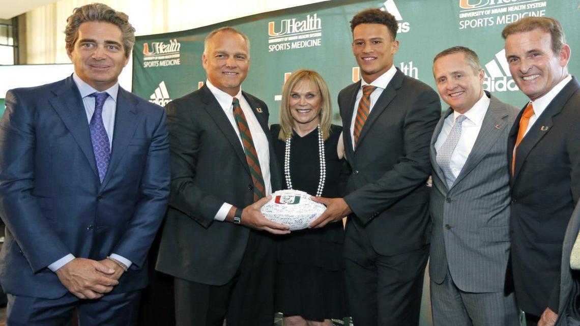Jeffrey Soffer, University of Miami head coach Mark Richt, Carol Soffer, former quarterback Brad Kaaya, athletic director Blake James and Stuart Miller, left to right, as UM announced last September the largest donation in the history of the athletic department -- $14 million toward the $34 million Carol Soffer Football Indoor Practice Facility. Carol’s three children made the donation in honor of their mother, a huge Hurricanes fan. The announcement was made at Strip Steak by Michael Mina at the Fontainebleau on Miami Beach.