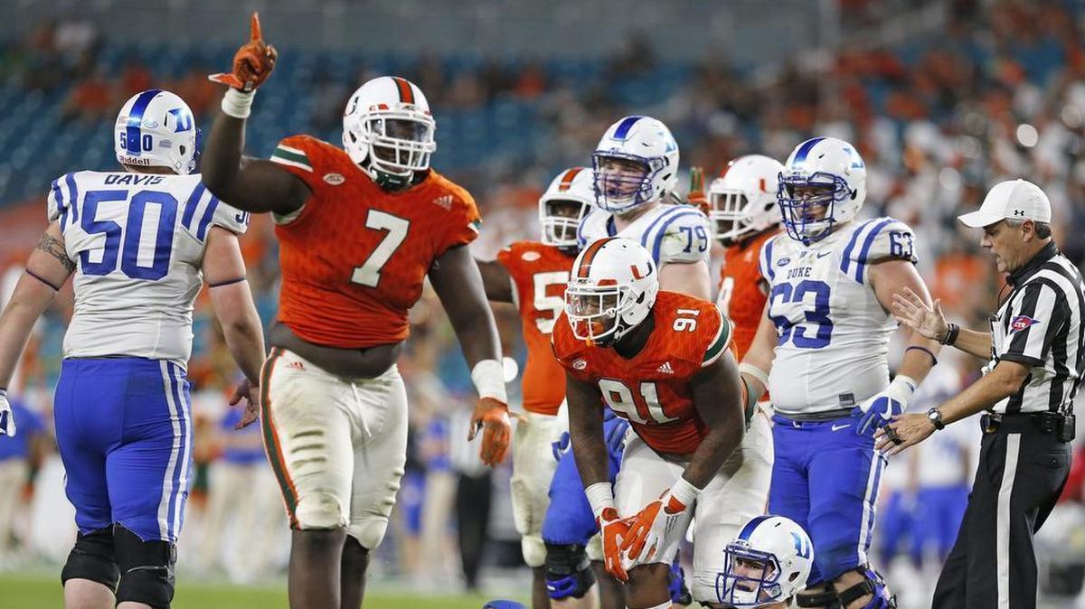 Miami Hurricanes defensive tackle Kendrick Norton after Duke Blue Devils quarterback Daniel Jones is sacked at Hard Rock Stadium on Saturday, November 26, 2016.