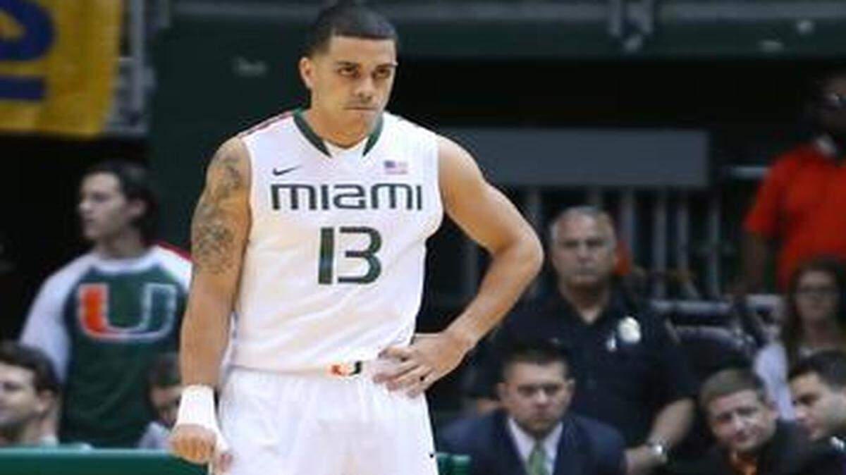 
Miami Hurricanes guard Angel Rodriguez looks on during a game against North Carolina at BankUnited Center in Coral Gables, Fla., on Saturday, Feb. 28, 2015. 
