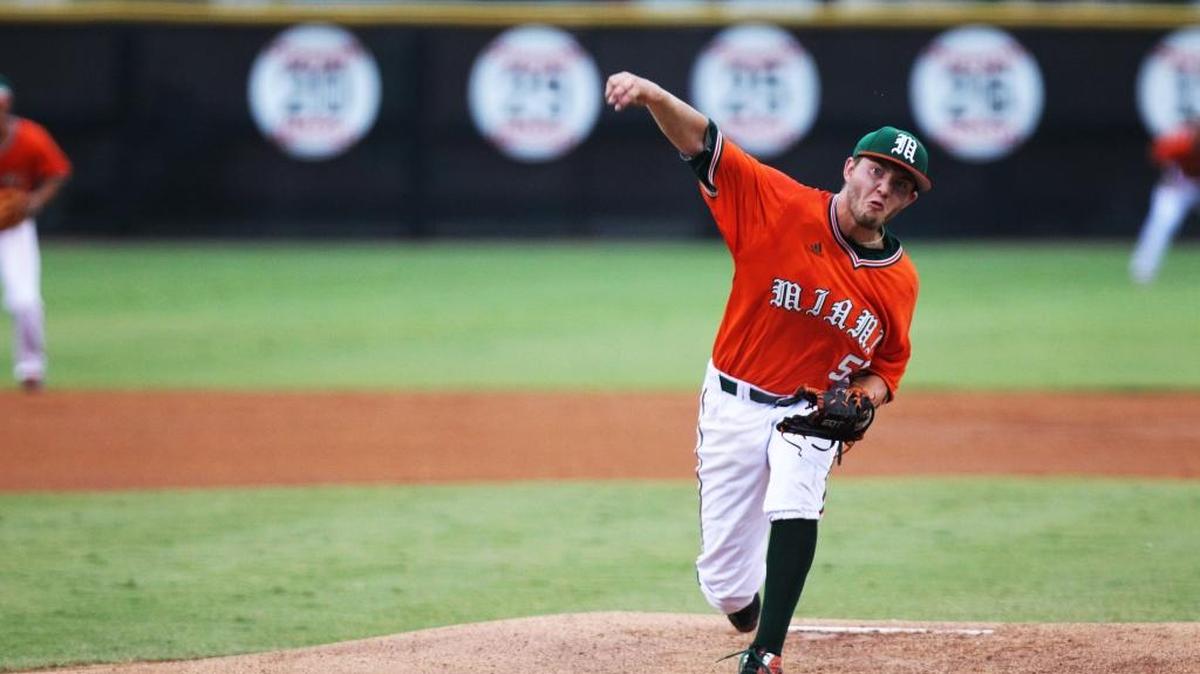 Pitcher Jesse Lepore of the Miami Hurricanes throws a fastball during the Coral Gables Regional game against Long Beach State University on June 5, 2016, held at Mark Light Field. Photo by Logan Riely | lriely@miamiherald.com