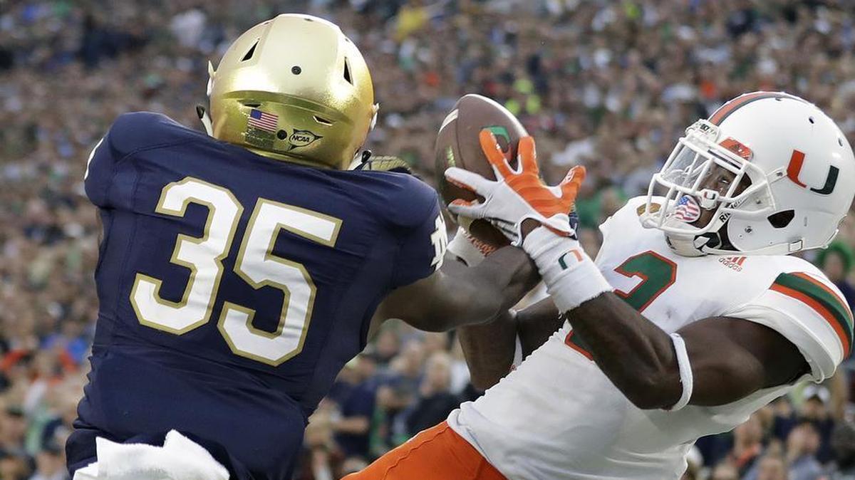 It’s been a year since Miami went to South Bend, Indiana, to face Notre Dame. In last year’s game, Donte Vaughn is show breaking up a pass intended for Miami ‘s Stacy Coley on Oct. 29, 2016. The Irish won 30-27.