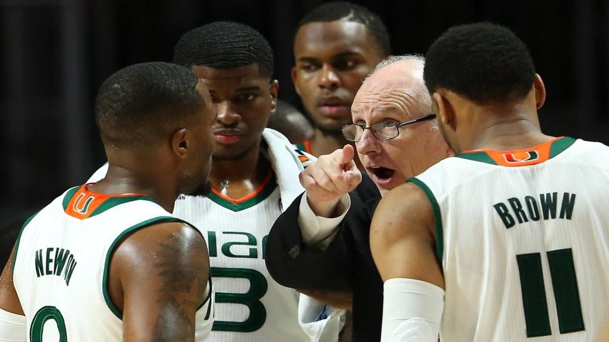 Miami Hurricanes head coach Jim Larrañaga gives instructions to his team during the second half of an NCAA college basketball game against the Duke Blue Devils at the Watsco Center in Coral Gables on Sat., Feb. 25, 2017.