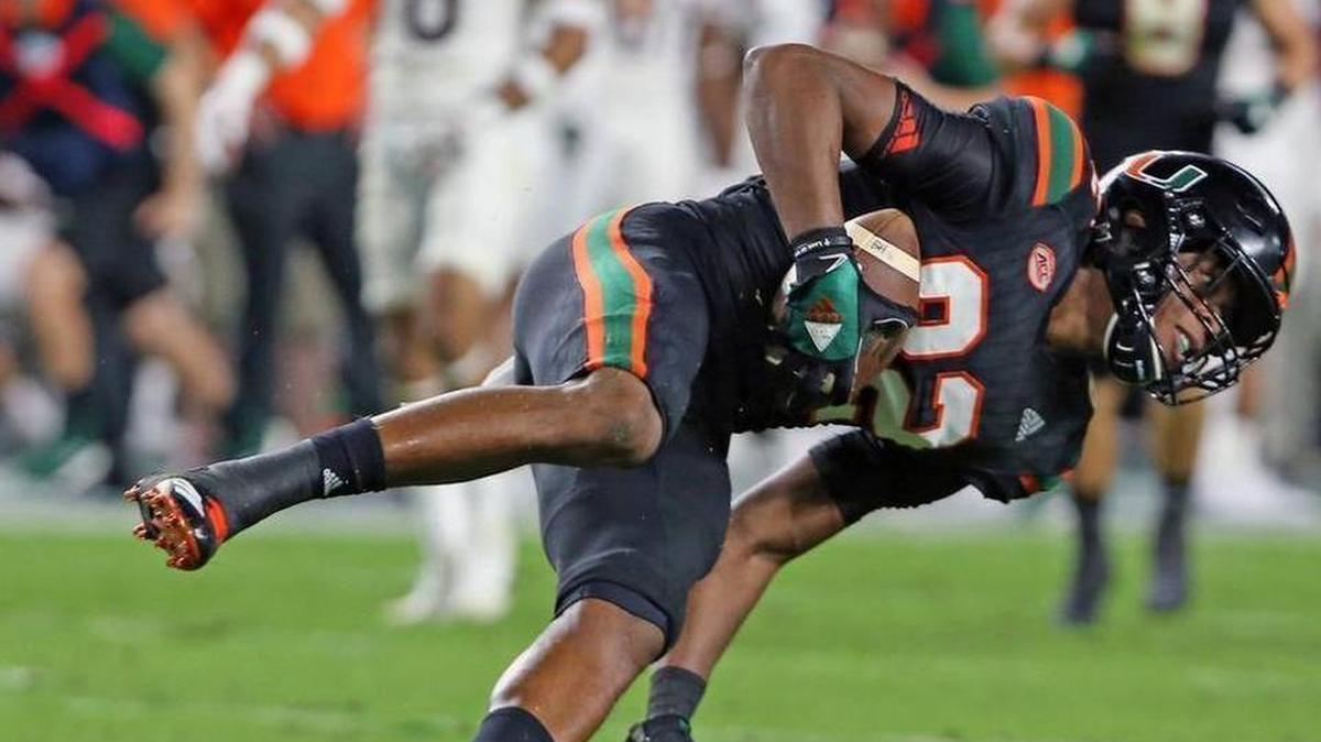 Ahmmon Richards makes a fourth-quarter reception against Virginia Tech on Saturday, Nov. 4, 2017 at Hard Rock Stadium.