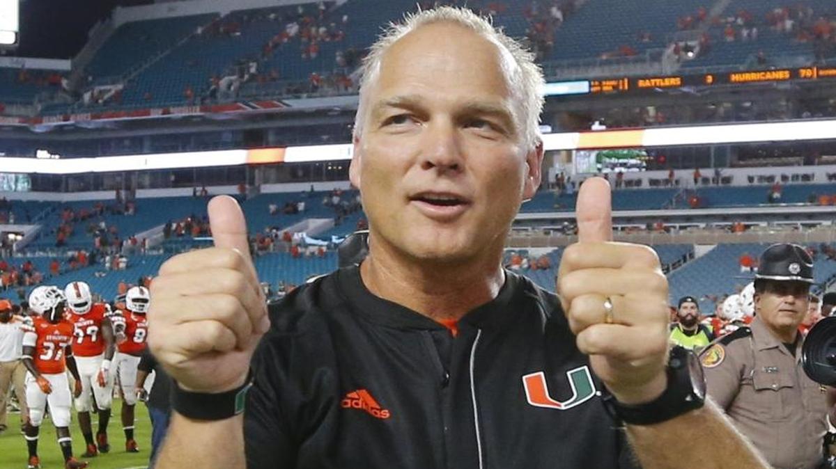 Miami Hurricanes head coach Mark Richt thumbs up after University of Miami defeats Florida A&M 70-3 at Hard Rock Stadium on Sat., Sept. 3, 2016.