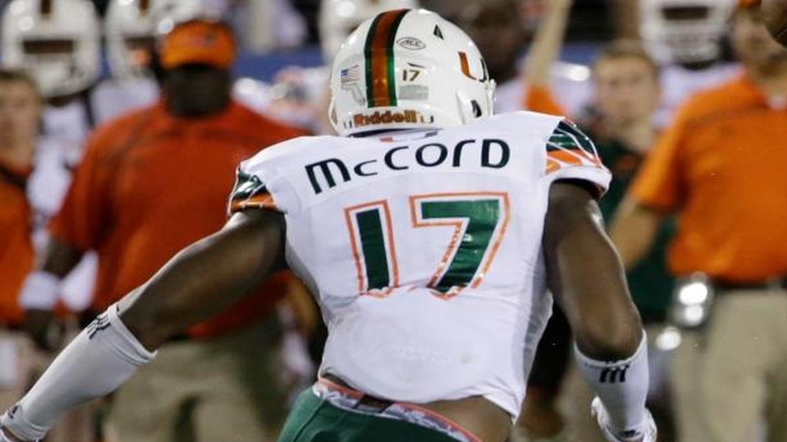 
UM will change the font used for names on the back of uniform jerseys as seen here by linebacker Tyriq McCord against FAU on Friday, Sept. 11, 2015.
