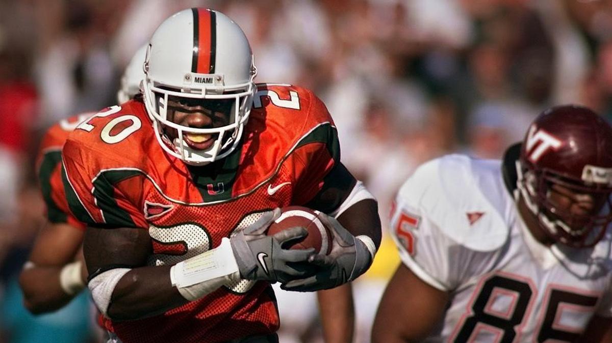 University of Miami Hurricanes defeated the Virginia Tech Hokies 41-21 at the Orange Bowl in November 2000. Shown is Ed Reed scoring a touchdown on an interception.