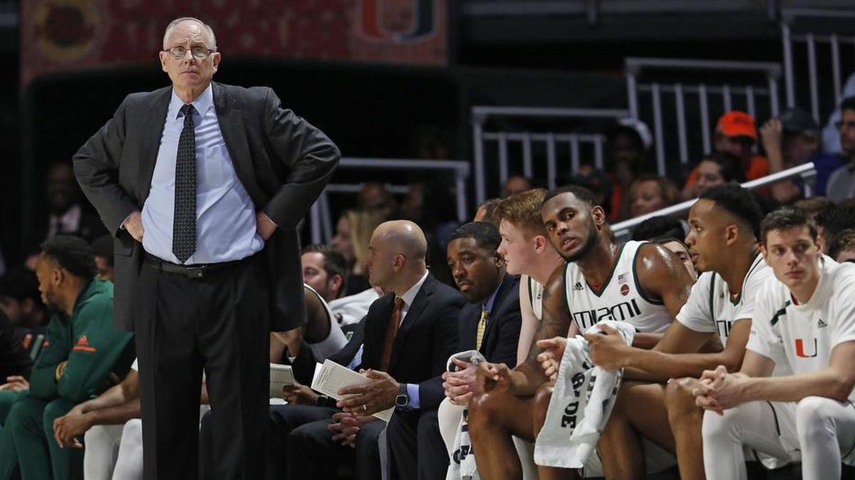 Miami Hurricanes coach Jim Larrañaga looks from the bench.