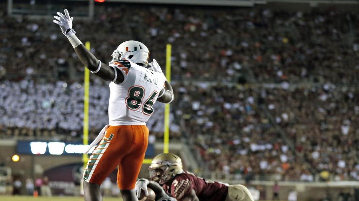 Former UM running back Joseph Yearby scores against Florida State at Doak Campbell Stadium in Tallahassee on Saturday, October 10, 2015.