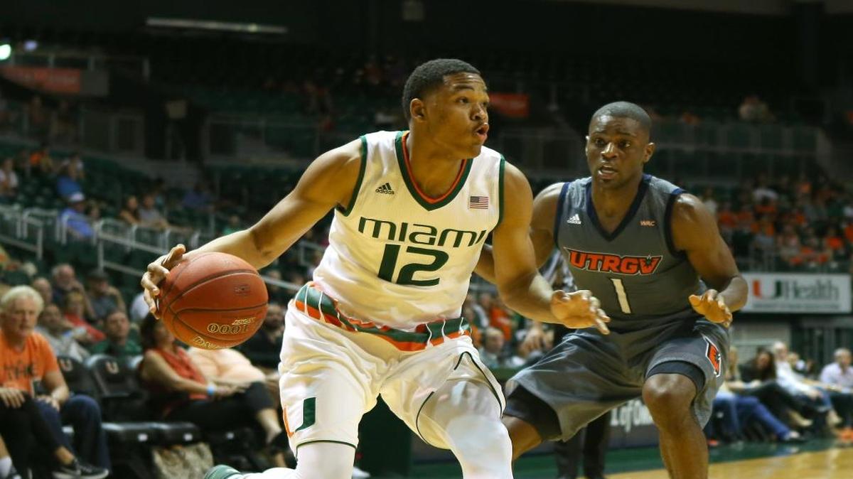 James Palmer, guard of the Miami Hurricanes drives against Everett Osborne, guard from the Vaqueros of UT-Rio Grande Valley during first half of an NCAA basketball game at the BankUnited Center on Friday, November 13, 2015 in Miami.