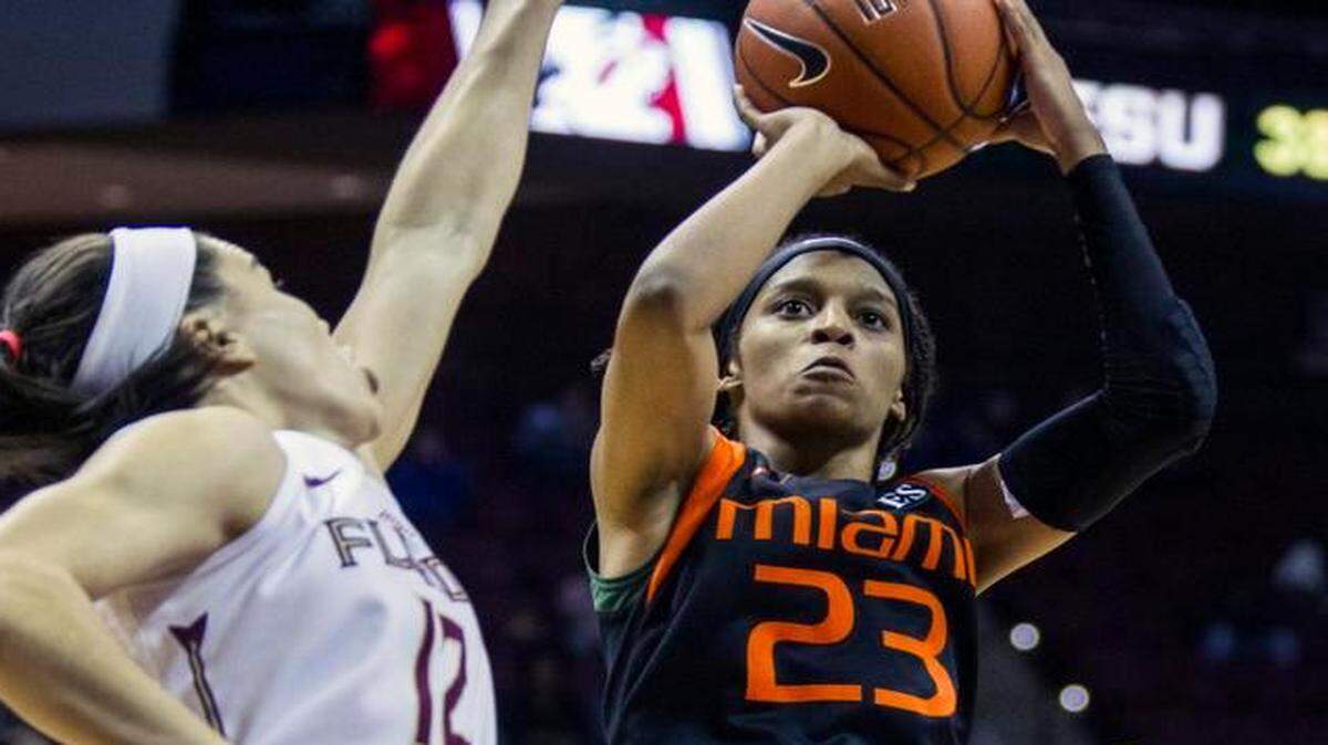 
Miami guard Adrienne Motley (23) scores on a jump shot over Florida State guard Brittany Brown in Tallahassee, Fla., Sunday, Feb. 8, 2015. 

