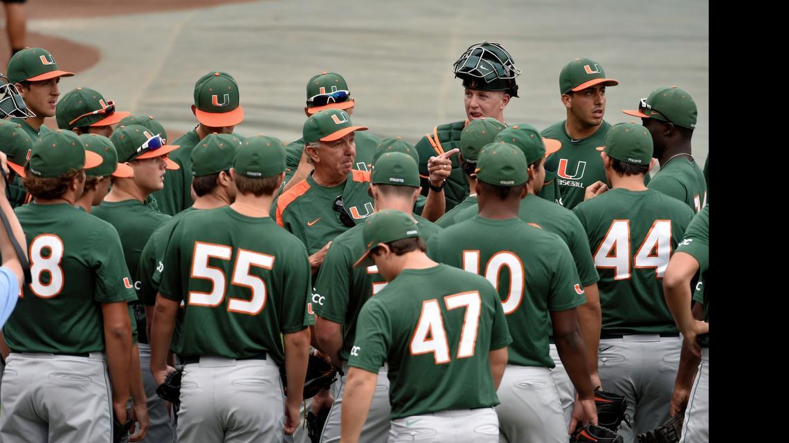 
Miami coach Jim Morris, center, points as he talks to his team during baseball practice at TD Ameritrade Park Omaha in Omaha, Neb. on June 12, 2015. Miami plays Florida in an NCAA College World Series baseball game on Saturday.
