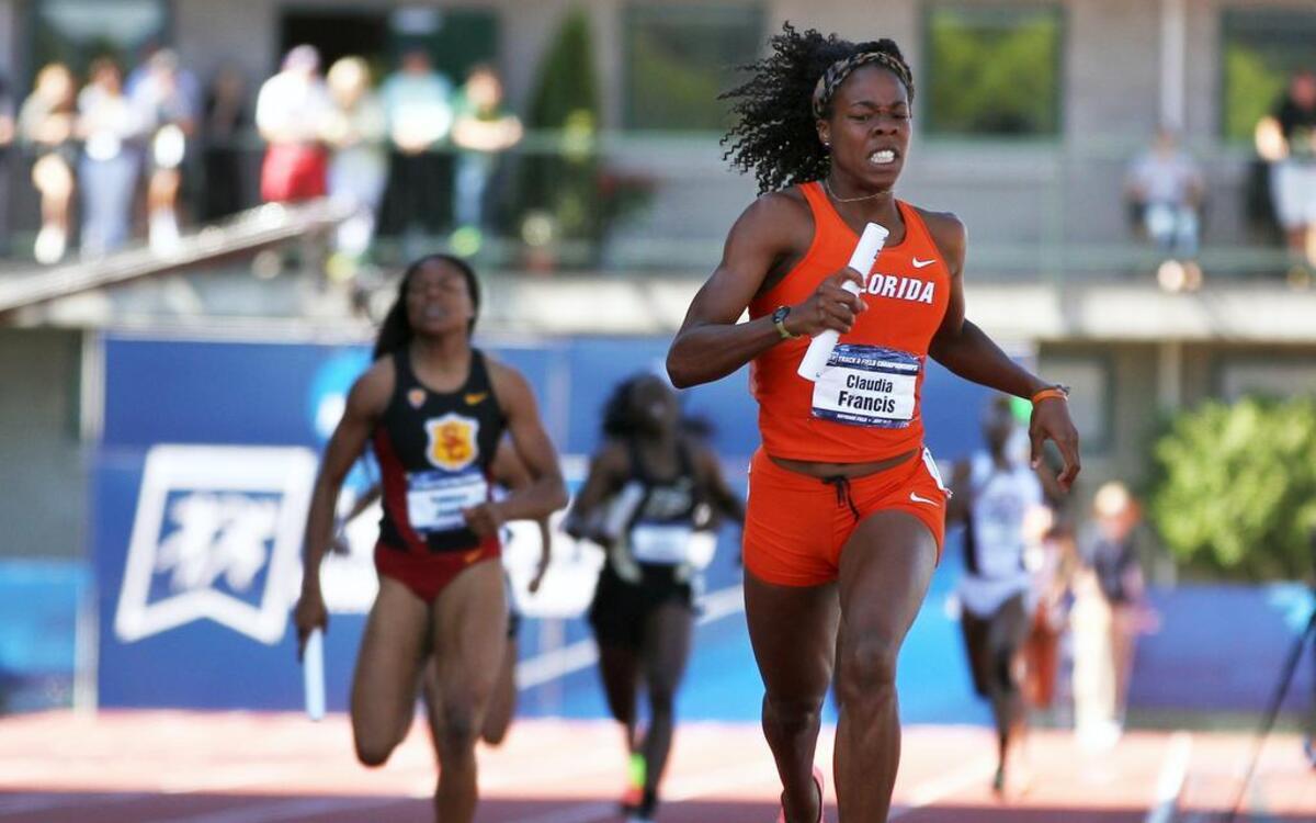
Florida's Claudia Francis finishes the anchor leg of the women's 4x400-meter relay to win the event during the NCAA track and field championships in Eugene, Ore., Saturday, June 13, 2015.
