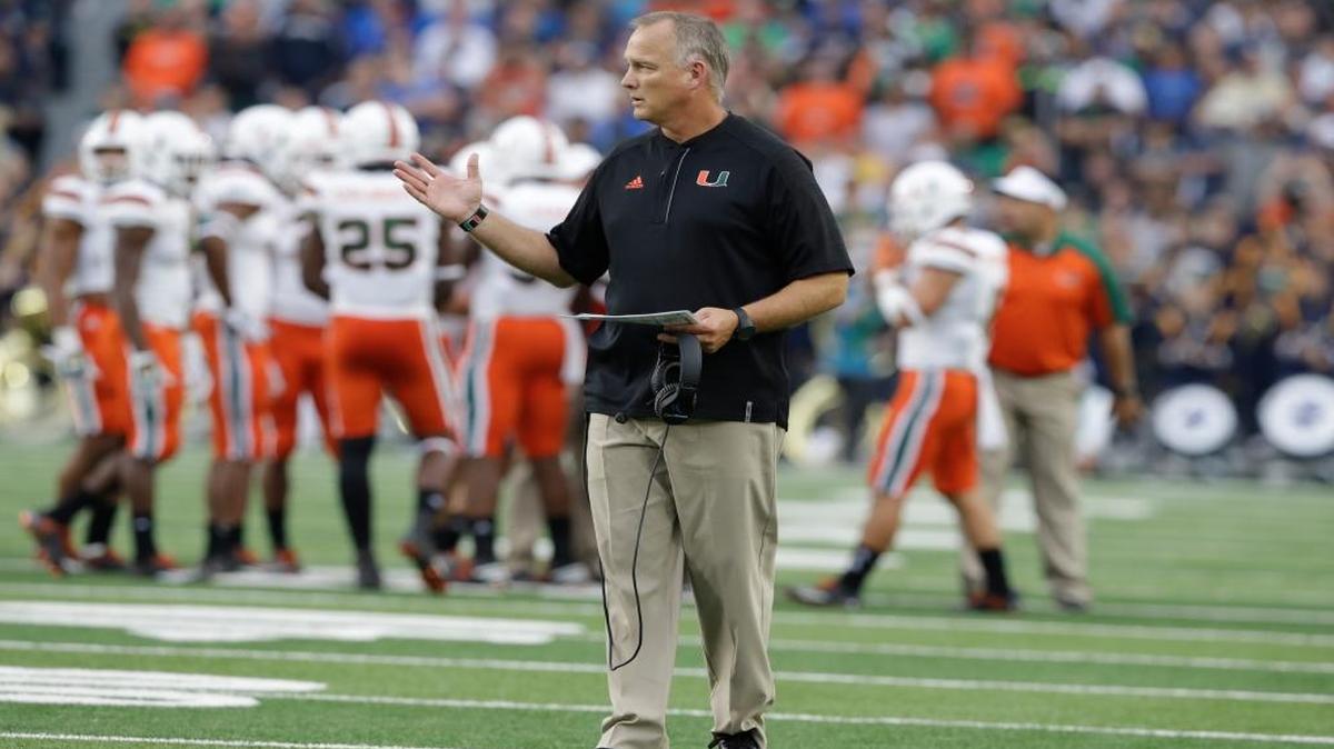 Miami head coach Mark Richt in action during the second half of an NCAA college football game against Notre Dame, Sat., Oct. 29, 2016, in South Bend, Ind. Notre Dame won 30-27.