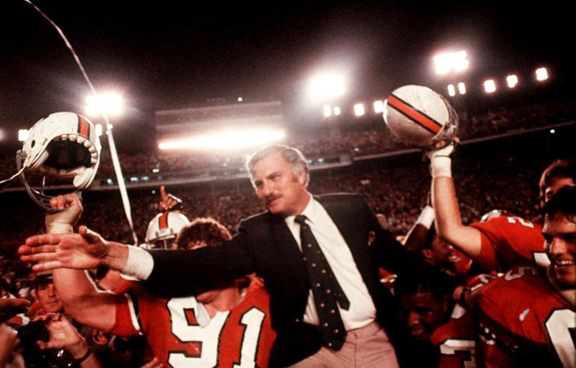 Former Miami Hurricanes coach Howard Schnellenberger, celebrating the team’s 1983 national championship in one of the most iconic photographs in South Florida sports history.