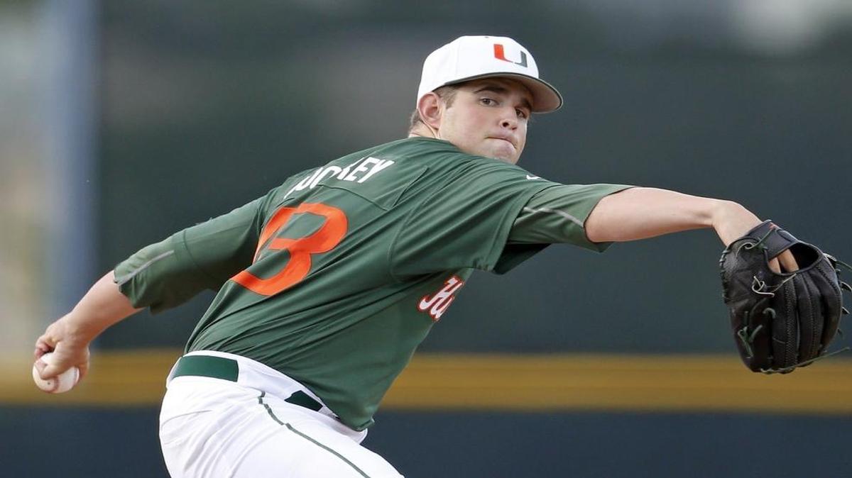 UM pitcher Thomas Woodrey (43) winds up in the first inning as the University of Miami hosts Columbia at Mark Light Field at Alex Rodriguez Park in Coral Gables on Saturday, May 30, 2015