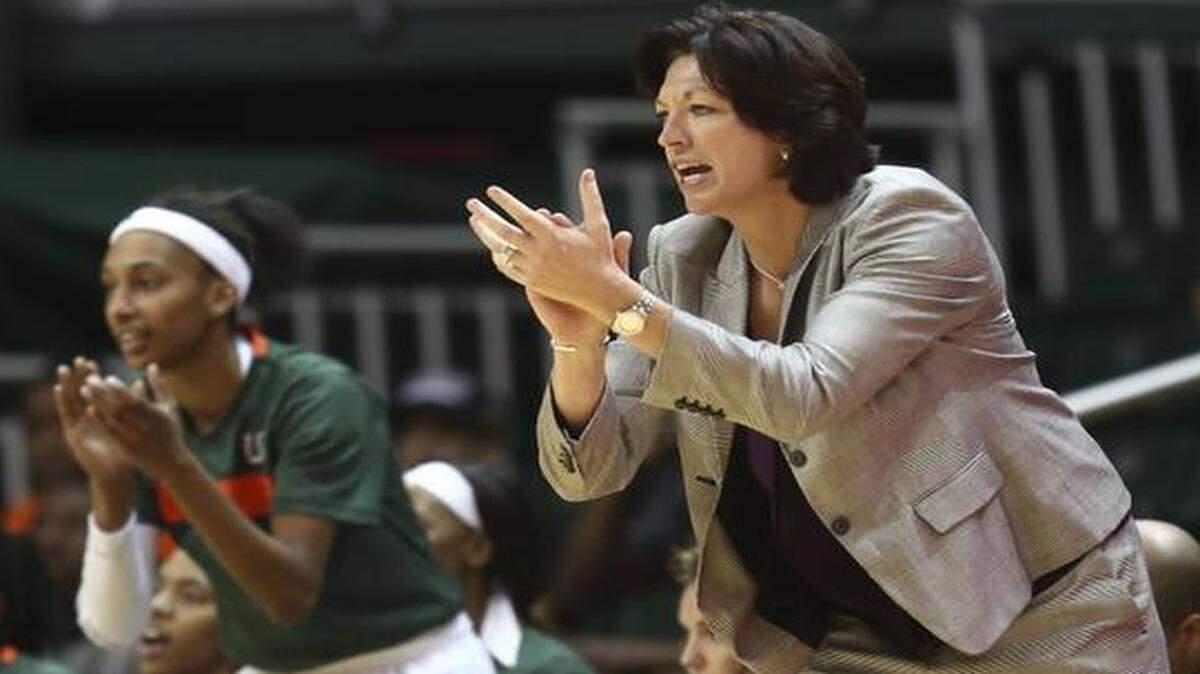 
UM coach Katie Meier, shown in a file photo, says she challenged her team at halftime despite a 20-point lead against Illinois State on Friday, Nov. 28, 2014. The Canes won by 51.
