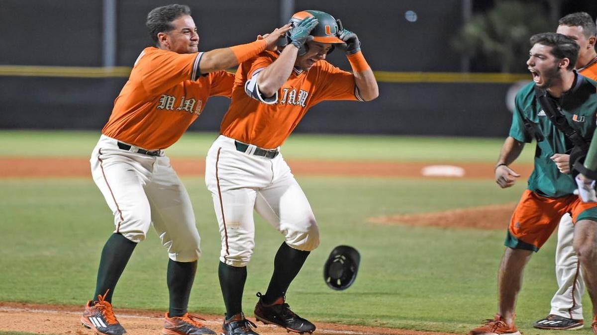 UM’s Johnny Ruiz celebrates his 9th inning home run Saturday, April 8, 2017, in Coral Gables, Fla.