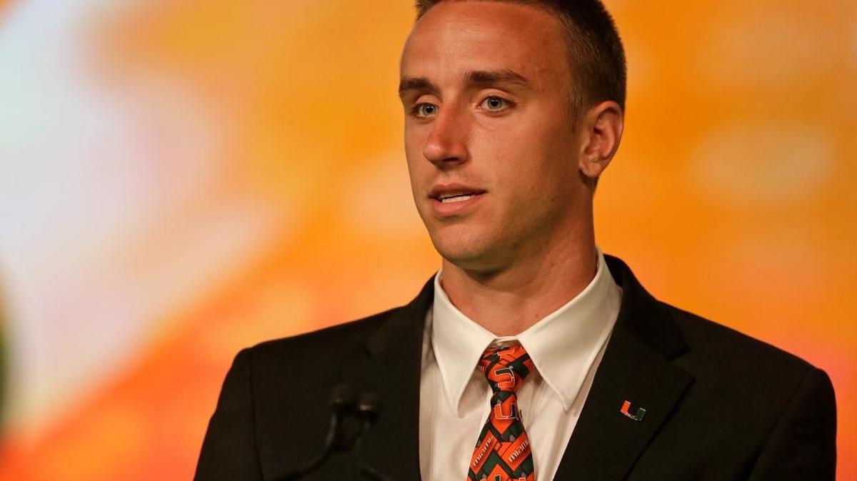Miami's Justin Vogel answers a question during a news conference at the Atlantic Coast Conference Football Kickoff in Charlotte, N.C., Thurs., July 21, 2016. He was named to the All-ACC preseason team Wednesday.