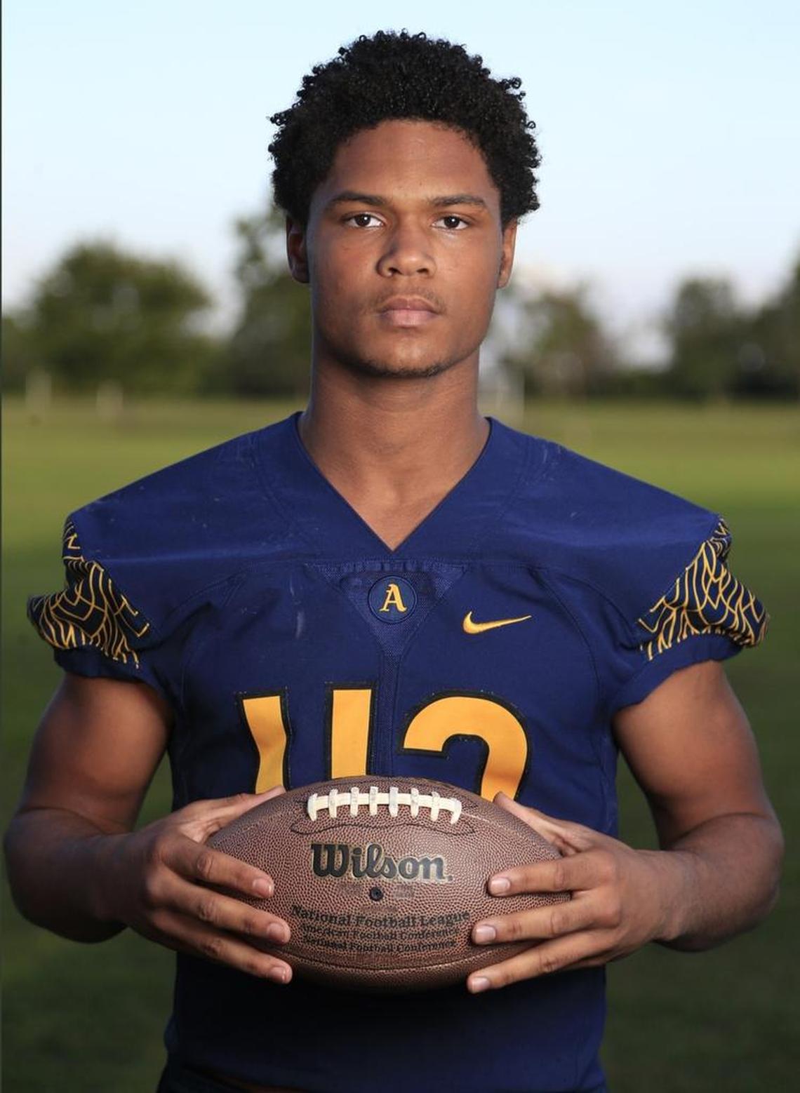 St. Thomas Aquinas linebacker Anthony Solomon, seen here posing for the Miami Herald Broward All-County football team on Jan. 18, is among three 2019 UM oral commitments from his high school, with the Hurricanes also having made offers to several offers.
