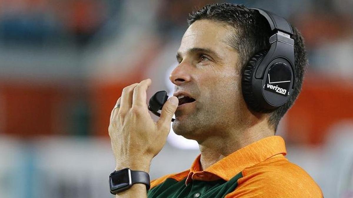 Miami Hurricanes defensive coordinator Manny Diaz coaches from the sidelines at Hard Rock Stadium.