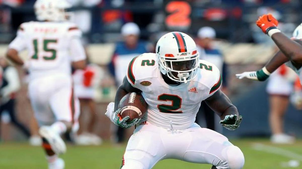 Miami running back Joseph Yearby (2) rushes during the second half of an NCAA college football game in Charlottesville, Va., Saturday, Nov. 12, 2016. Miami defeated Virginia 34-14.