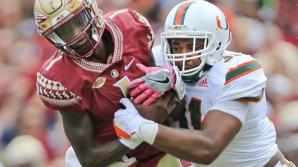 Miami Hurricanes defensive end Demetrius Jackson sacks quarterback James Blackman at Doak Campbell Stadium in Tallahassee on Saturday, Oct. 7, 2017. The teams meet again on Oct. 6 at Hard Rock Stadium.