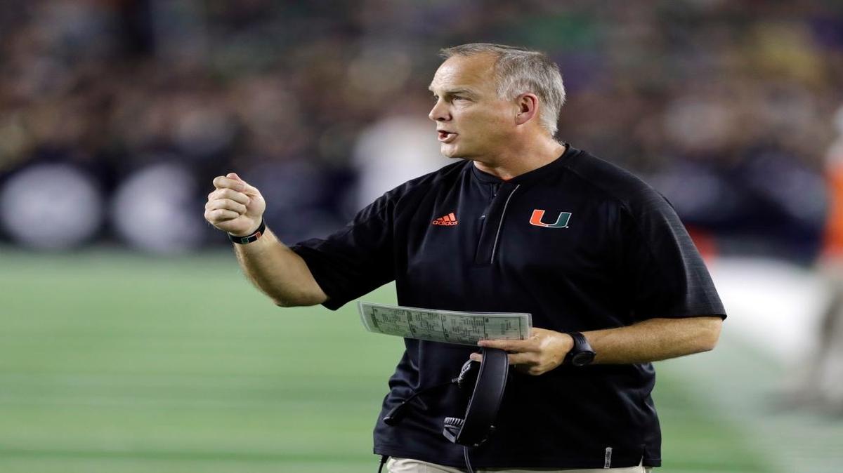 Miami head coach Mark Richt questions a call during the second half of an NCAA college football game against Notre Dame, Saturday, Oct. 29, 2016, in South Bend, Ind.