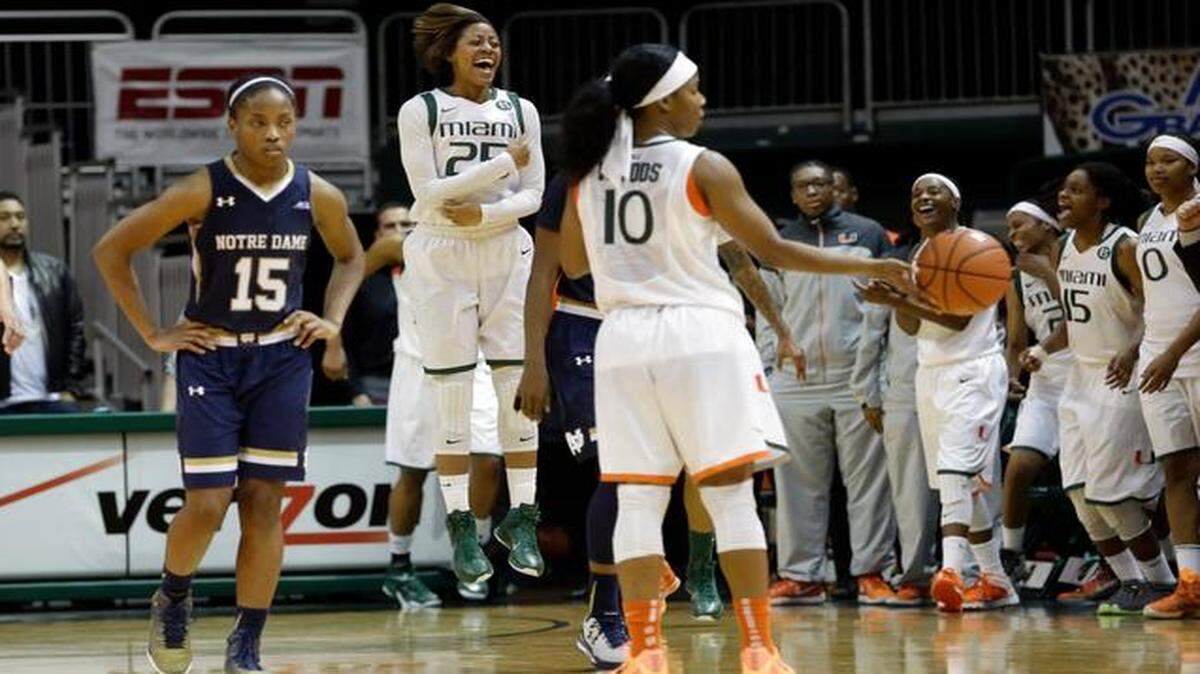 
Miami players celebrate their 78-63 win against Notre Dame after an NCAA basketball game in Coral Gables, Fla., Thursday, Jan. 8, 2015.

