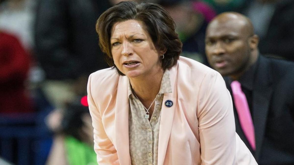 Miami head coach Katie Meier looks on during the first half of Notre Dame's 90-69 win in an NCAA college basketball game Sunday, Feb. 14, 2016, in South Bend, Ind.