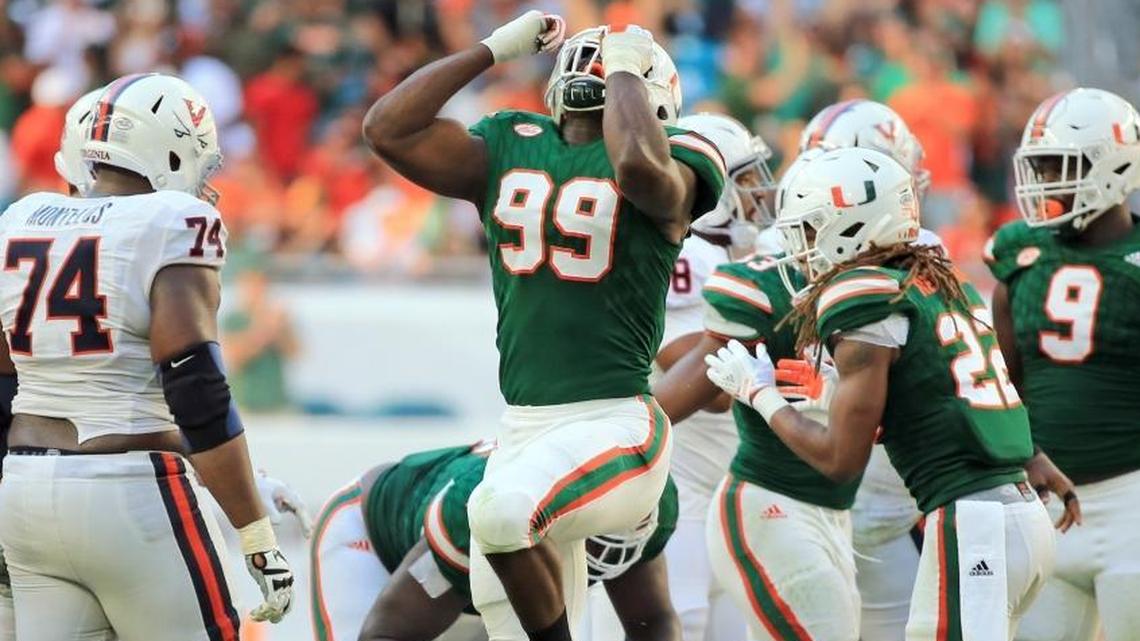 Miami Hurricanes defensive end Joseph Jackson reacts after taking down Virginia running back Jordan Ellis at Hard Rock Stadium on November 18. On Friday, the Canes will play at Pittsburgh and attempt to finish the regular season undefeated for the first time since 2002.