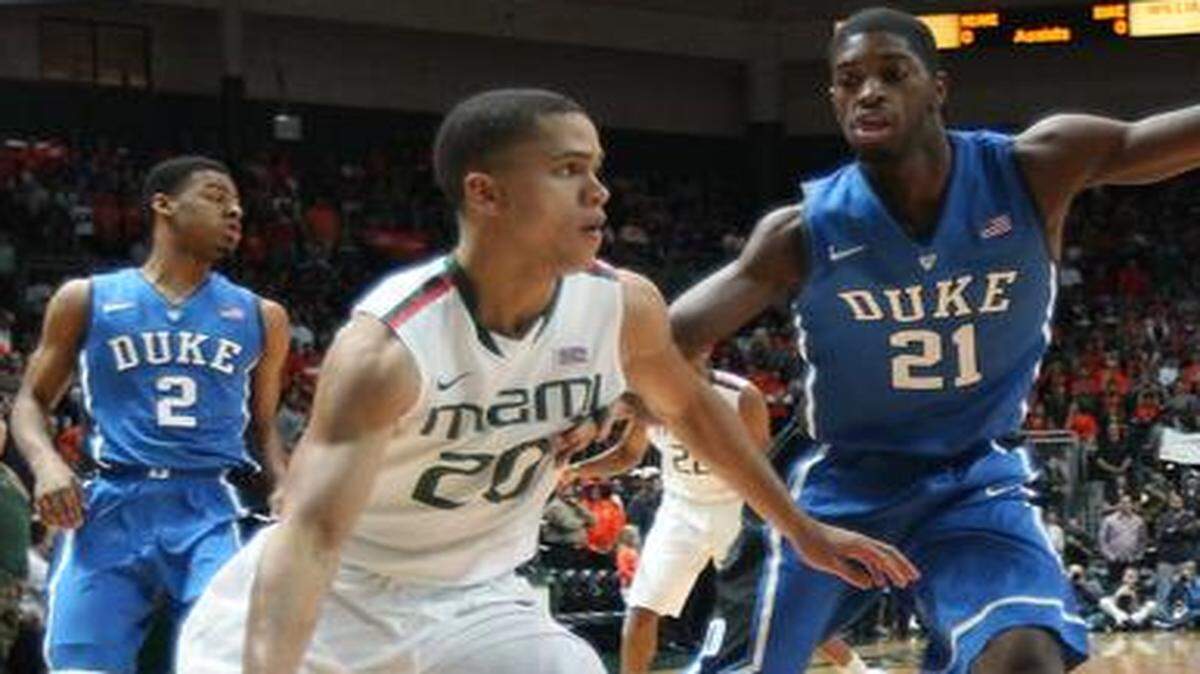 
UM guard Manu Lecomte drives against Duke forward Amile Jefferson at BankUnited Center in Coral Gables on Wednesday, Jan. 22, 2014.
