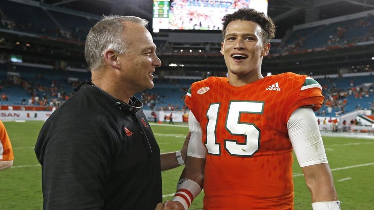 Miami Hurricanes head coach Mark Richt with Miami Hurricanes quarterback Brad Kaaya (15) on the field after the University of Miami defeats Duke at Hard Rock Stadium in Miami Gardens on Saturday, November 26, 2016.