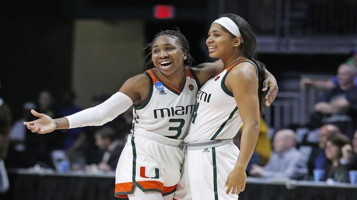 Miami Hurricanes guard Jessica Thomas (3) and guard Shaneese Bailey (4) celebrate on the court as the University of Miami women's basketball team defeats Florida Gulf Coast in the NCAA Division 1 Women's Basketball Championship on Saturday, March 18, 2017.