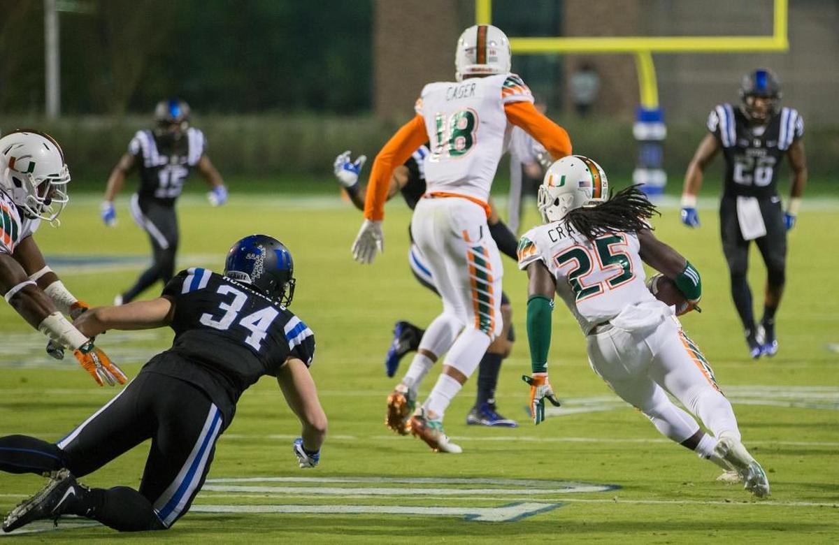 Miami's Dallas Crawford (25) returns a kickoff, which featured multiple laterals before Corn Elder subsequently received the final lateral, and scored to beat Duke 30-27 in 2015 at Durham, N.C.