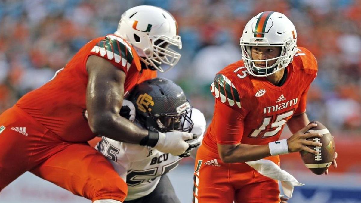 Miami Hurricanes tackle Sunny Odogwu, left, is ‘out indefinitely’ and quarterback Brad Kaaya still healing following Saturday’s loss to FSU.