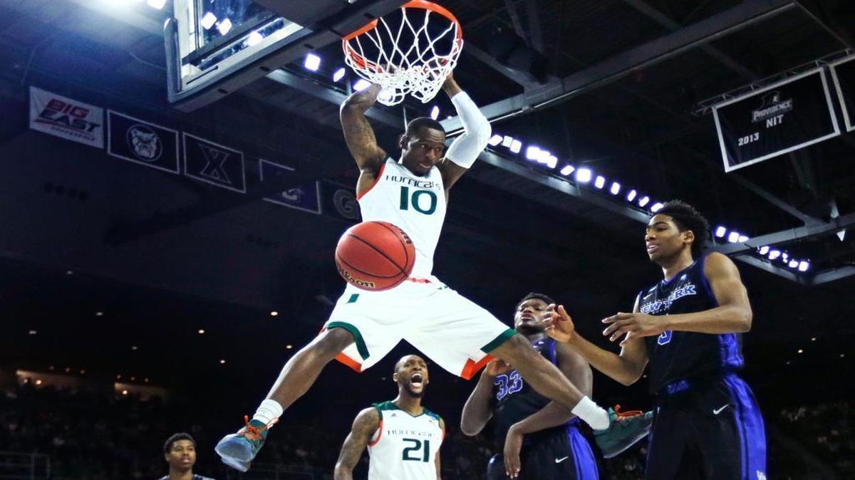 Miami guard Sheldon McClellan (10) dunks against Buffalo during the first half of a first-round NCAA college men's basketball tournament game in Providence, R.I., Thursday, March 17, 2016.