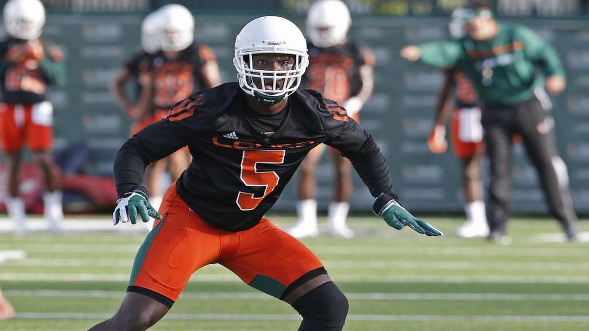 
Linebacker, Jermaine Grace, (5), during practice at the University of Miami's Greentree Field on Friday, August 7, 2015.
